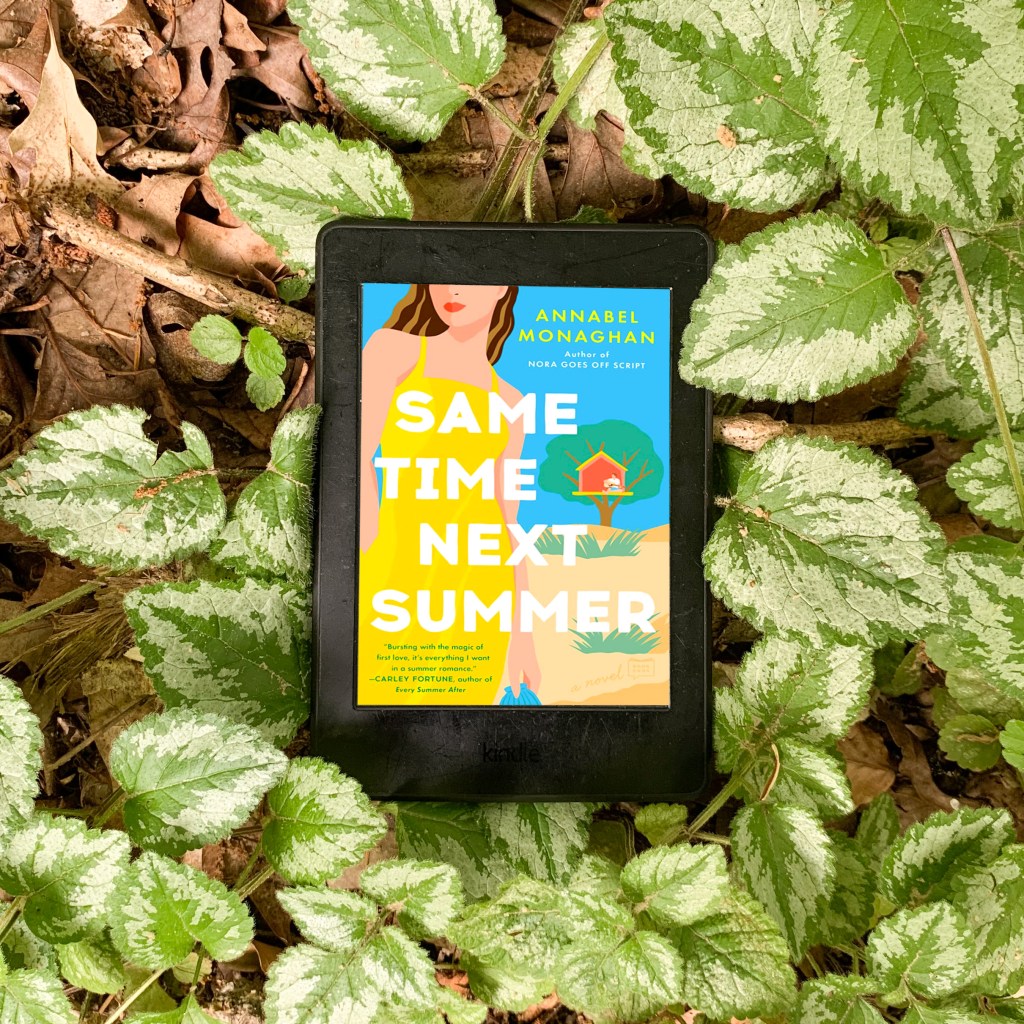 Same Time Next Summer by Annabel Monaghan book cover on Kindle surrounded by ivy